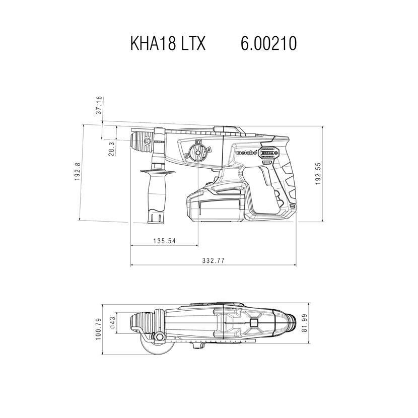 Akku-Kombihammer KHA 18 LTX mit Maßangaben