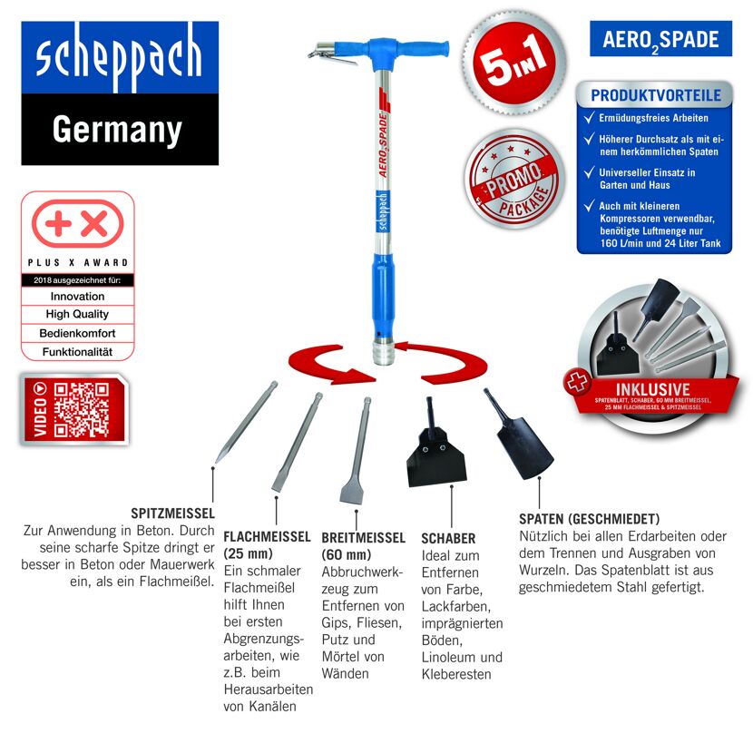 Druckluftspaten AeroSpade mit verschiedenen Aufsätzen