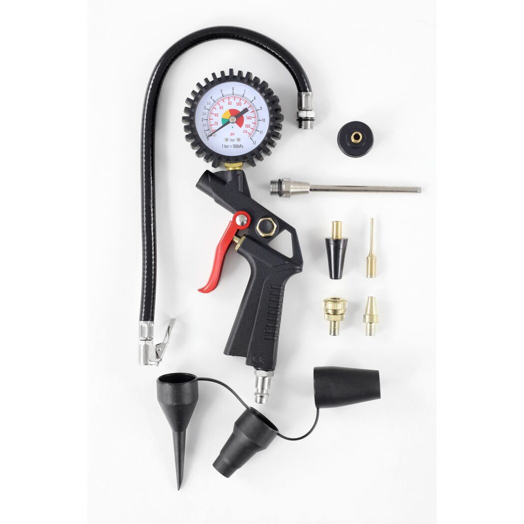 Reifenfüllpistole mit Manometer und Zubehör.