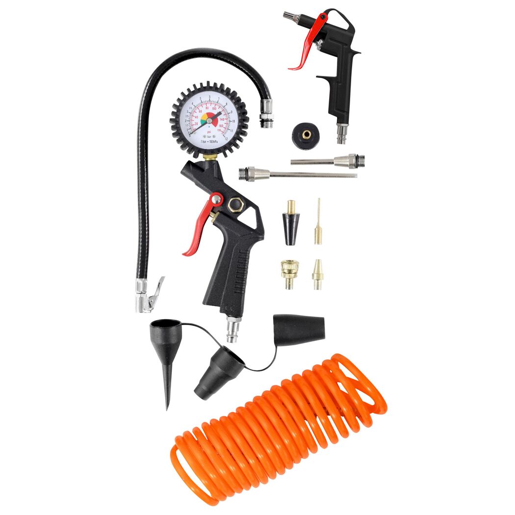 Druckluftpistole mit Manometer und Zubehör.