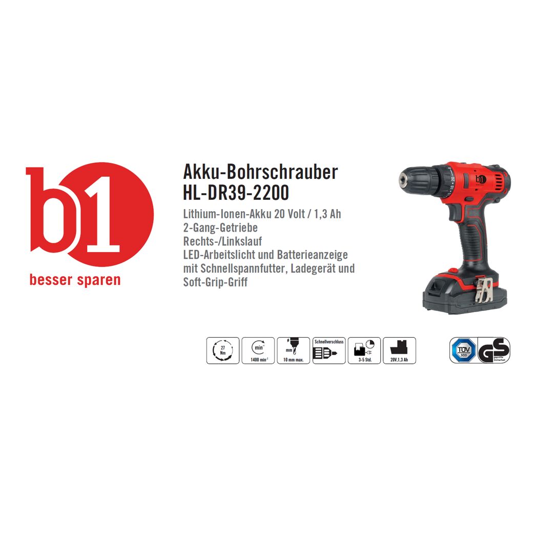 B1 Akku-Bohrschrauber HL-DR39-2200 rot