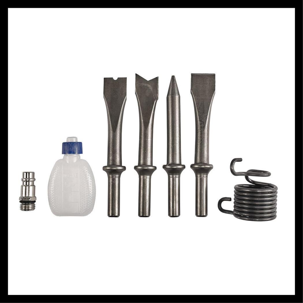 Druckluft-Meißel-Set mit verschiedenen Meißeln, Ölflasche und Feder