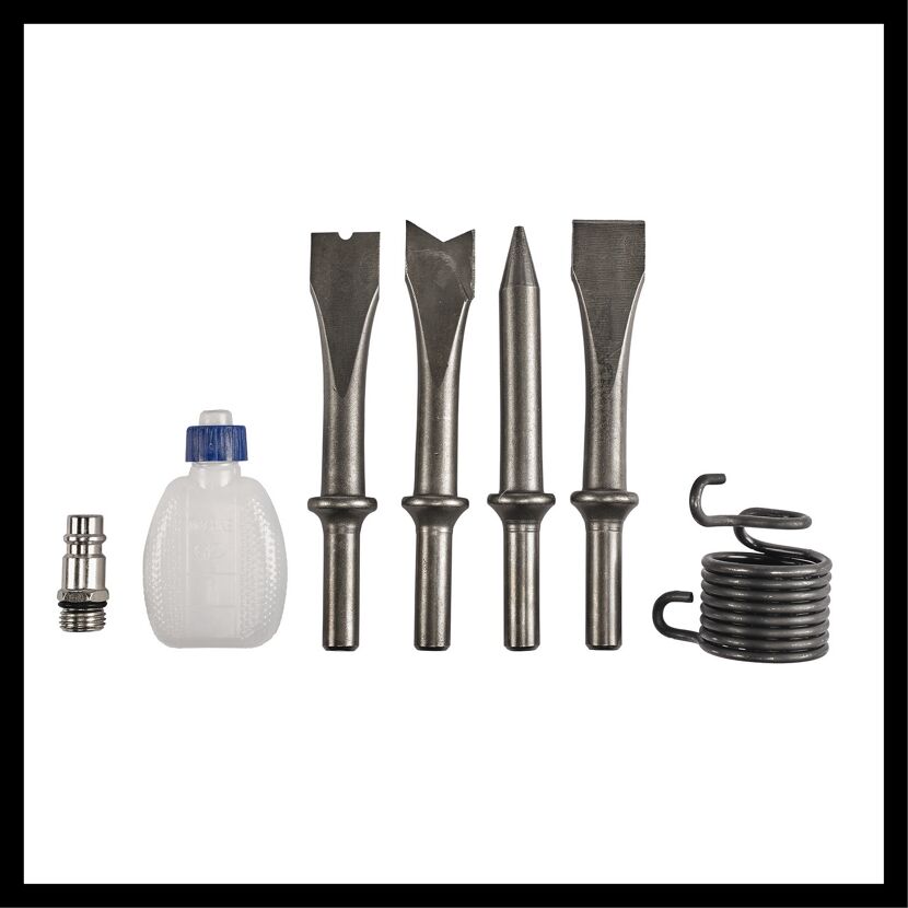 Druckluft-Meißel-Set mit verschiedenen Meißeln, Ölflasche und Feder