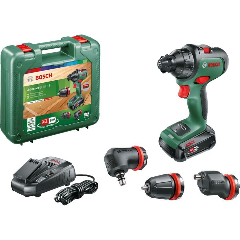 Bosch AdvancedDrill 18 Akku-Bohrschrauber, Ladegerät und Zubehör.