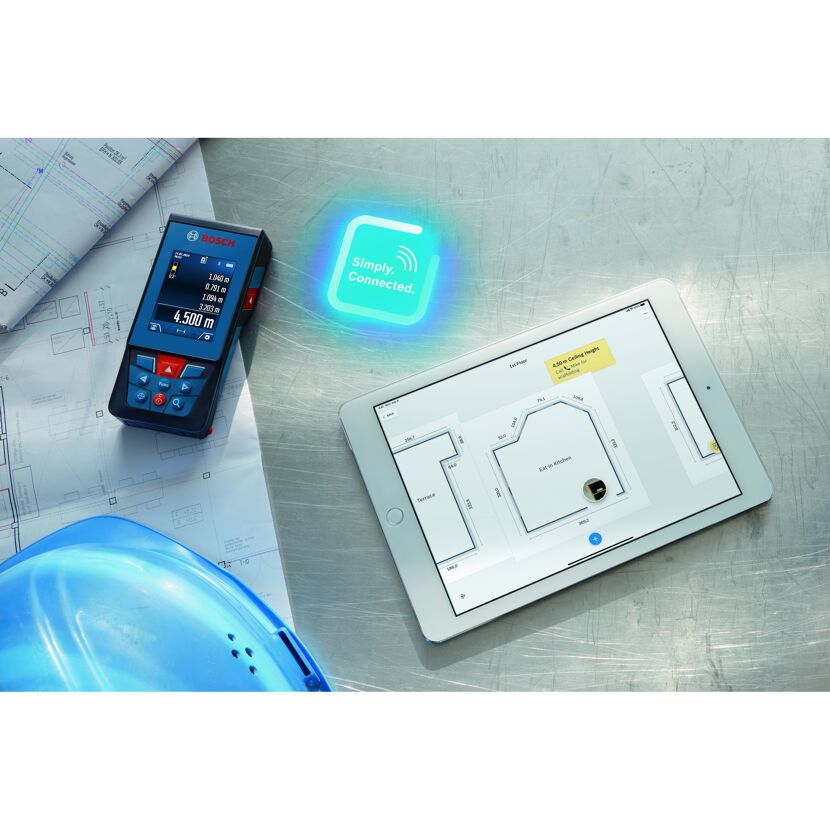 Bosch Laser-Entfernungsmesser und Tablet mit Bauplan