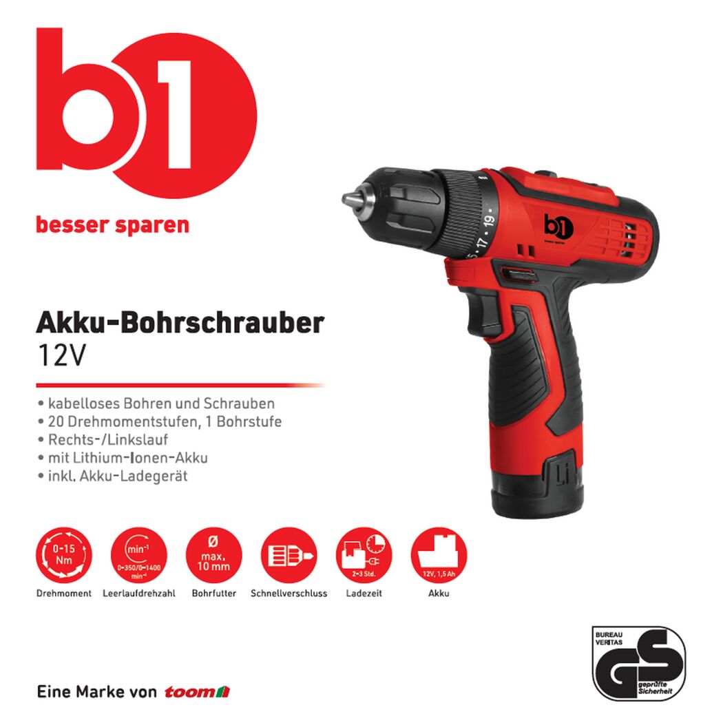 Roter Akku-Bohrschrauber 12V