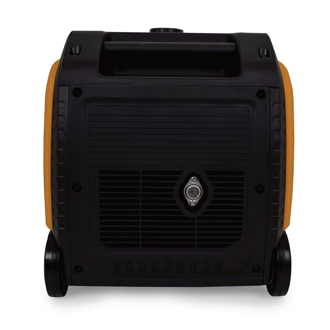 Rückseite des Stromerzeugers Inverter 3500W mit Rädern und Lüftungsgitter