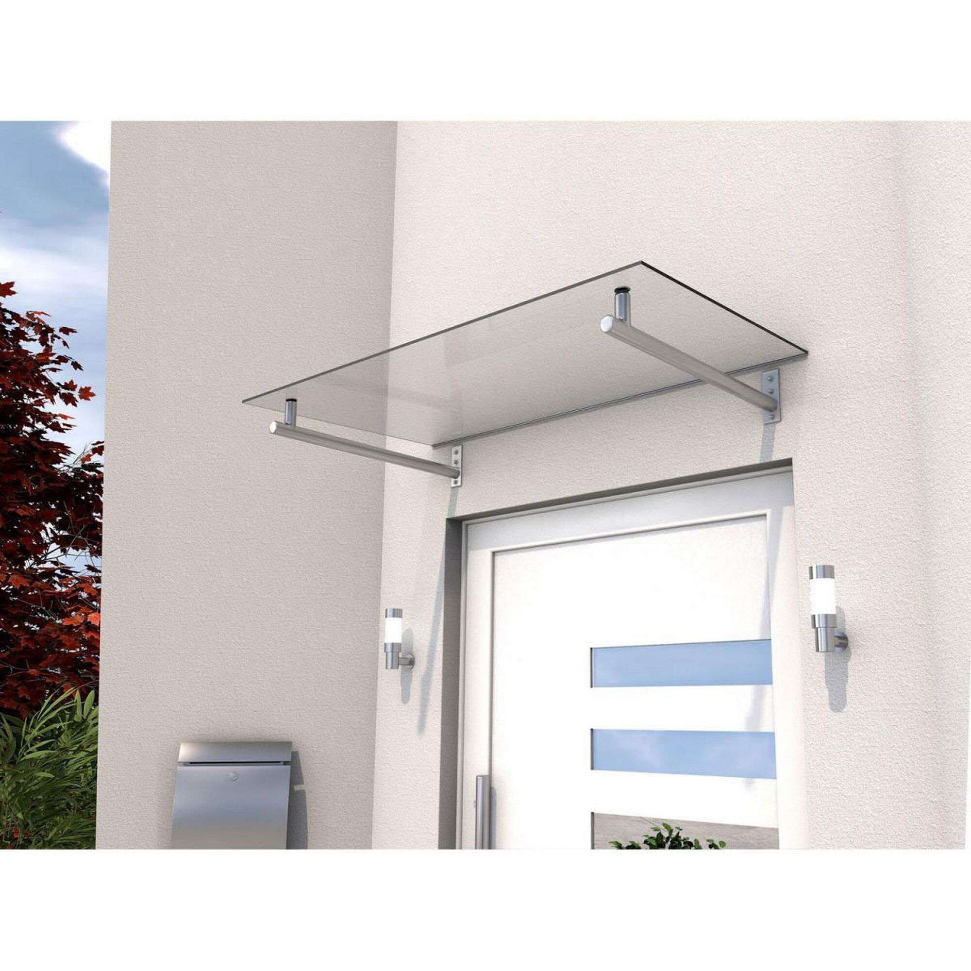 Vordach aus Glas über einer weißen Tür.