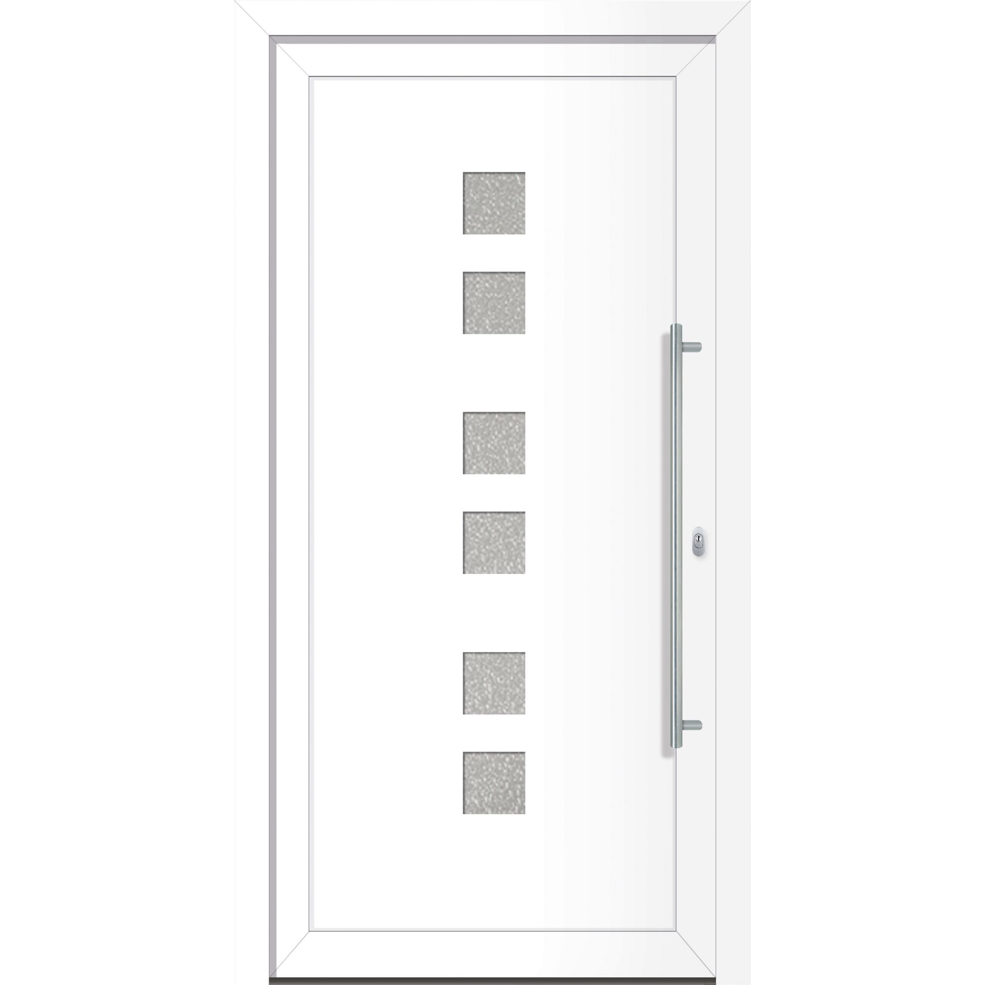 Weiße Tür mit vier quadratischen Fenstern und vertikalem Türgriff.