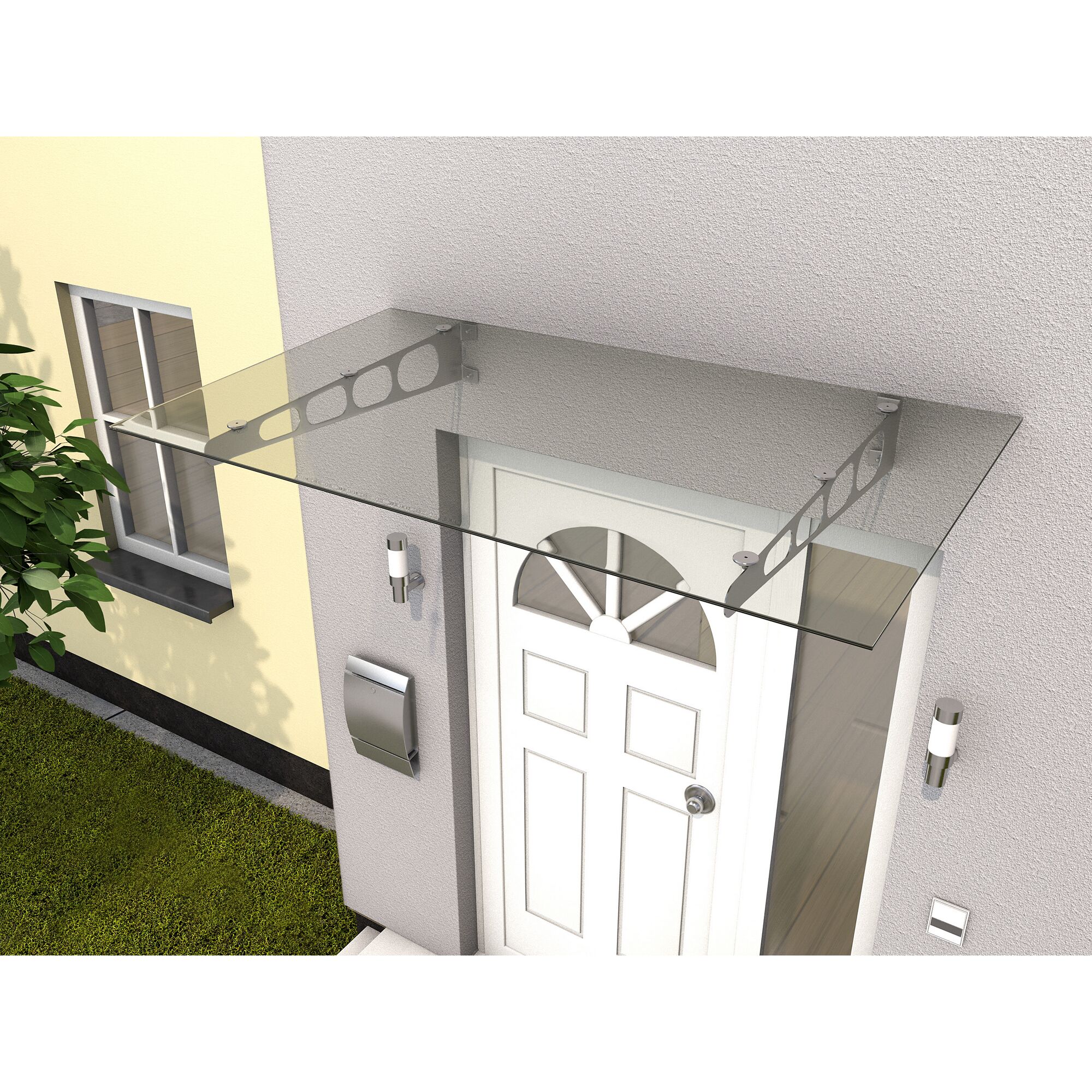 Vordach aus Glas über einer weißen Tür.