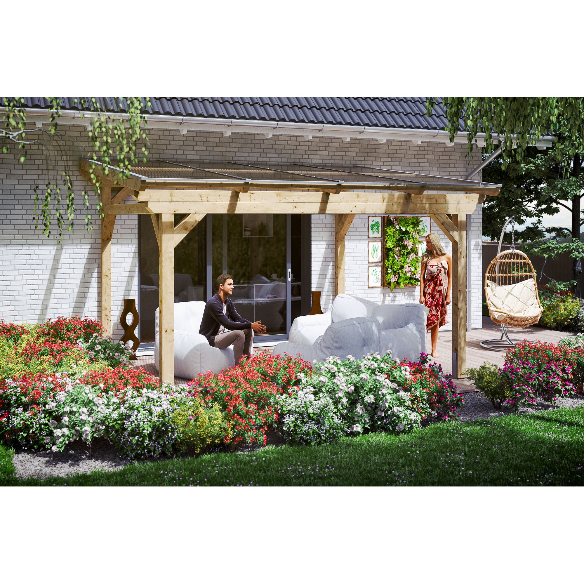 Zwei Personen entspannen unter einer Terrassenüberdachung im Garten.