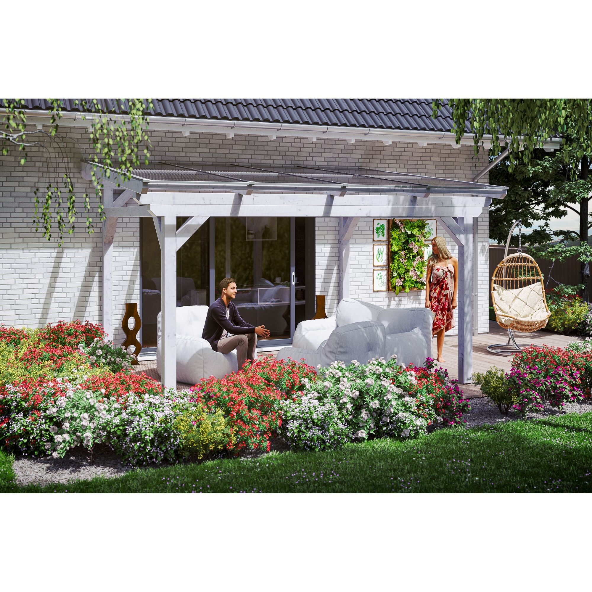 Zwei Personen entspannen unter einer Terrassenüberdachung im Garten.