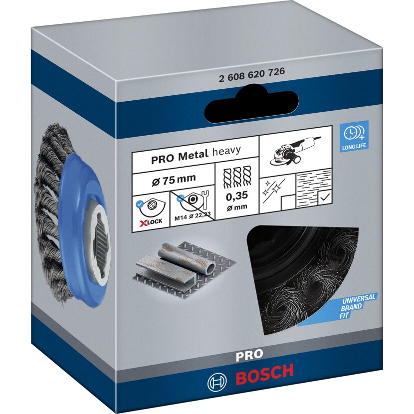 Bosch X-LOCK Topfbürste 75 mm, Stahl, Produktverpackung