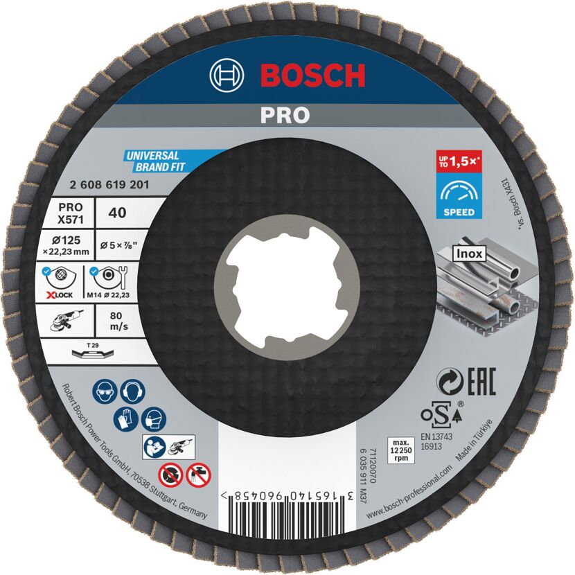 Bosch X-LOCK Fächerschleifscheibe, 125 mm Durchmesser, Körnung 40