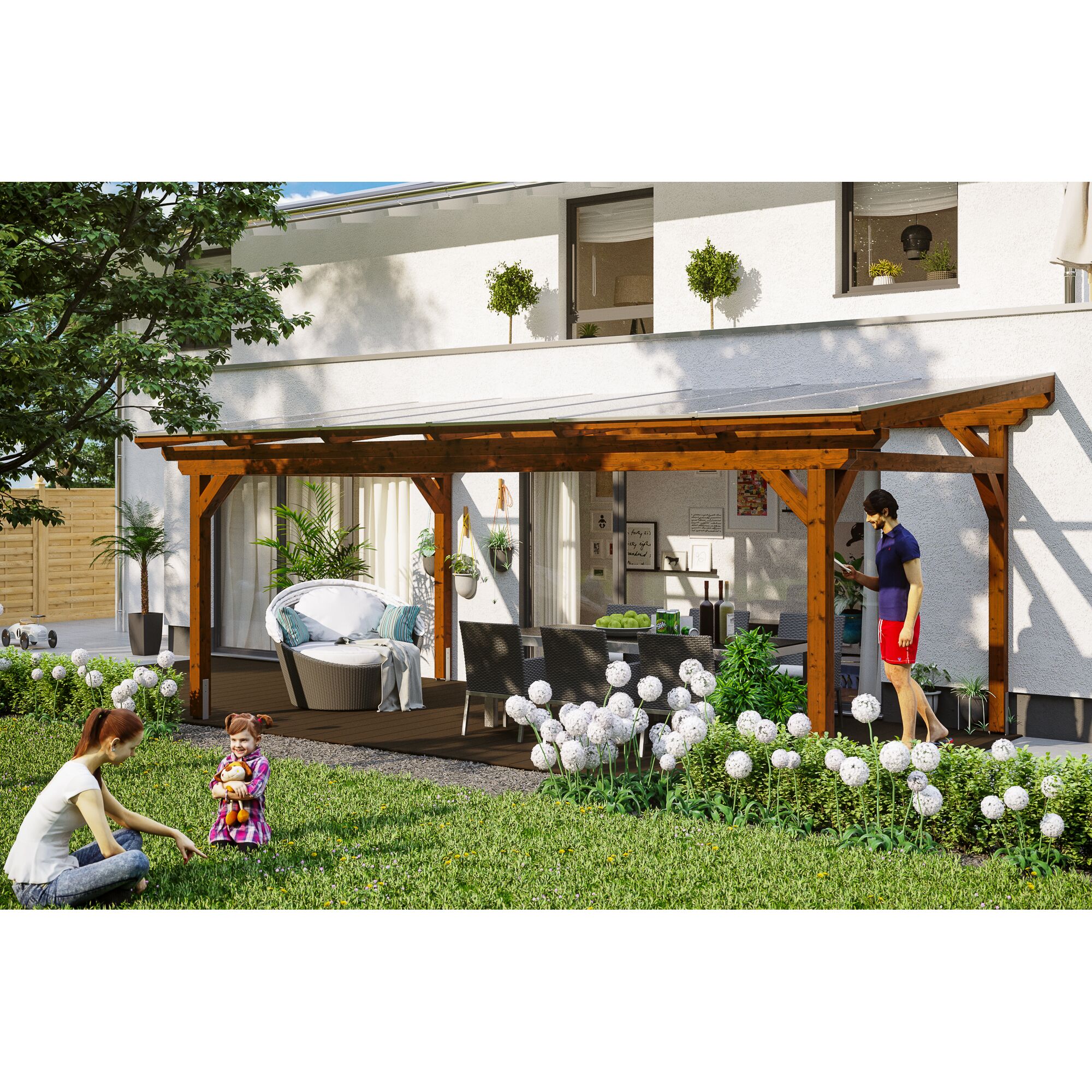 Holzterrassenüberdachung Sanremo mit Familie im Garten