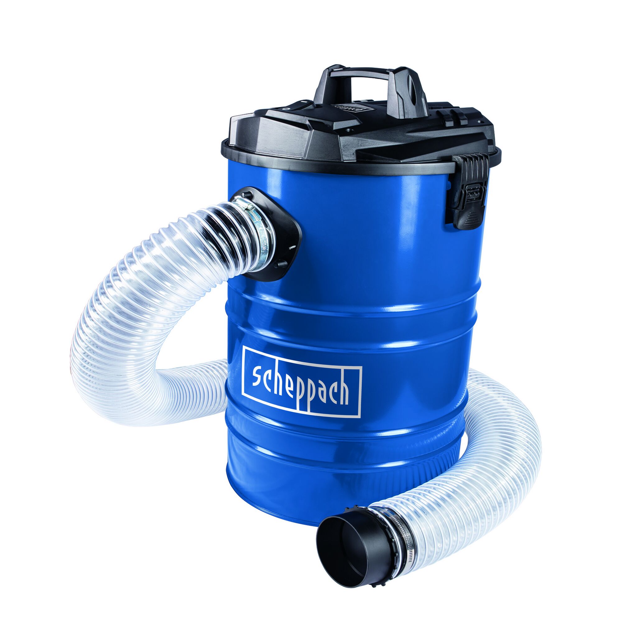 Blaue Absauganlage DC100 von Scheppach mit transparentem Schlauch