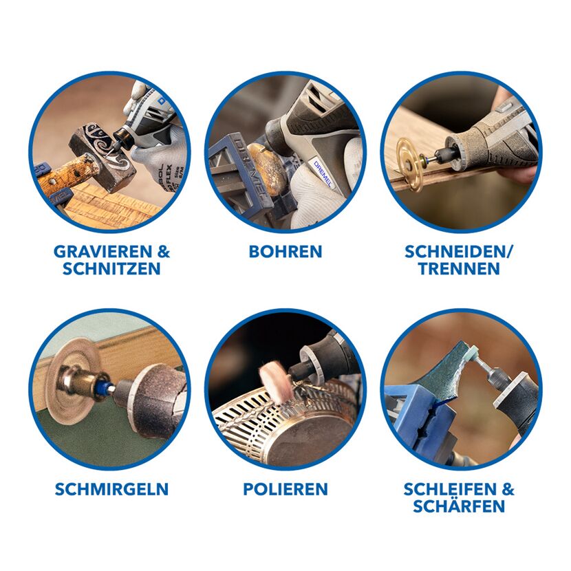 Dremel Werkzeug beim Gravieren, Bohren, Schneiden, Schleifen, Schmirgeln und Polieren