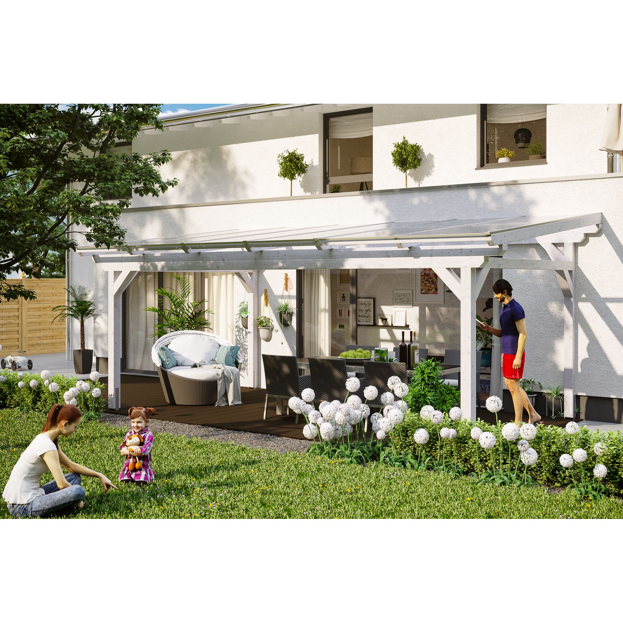 Weiße Terrassenüberdachung Sanremo im Garten