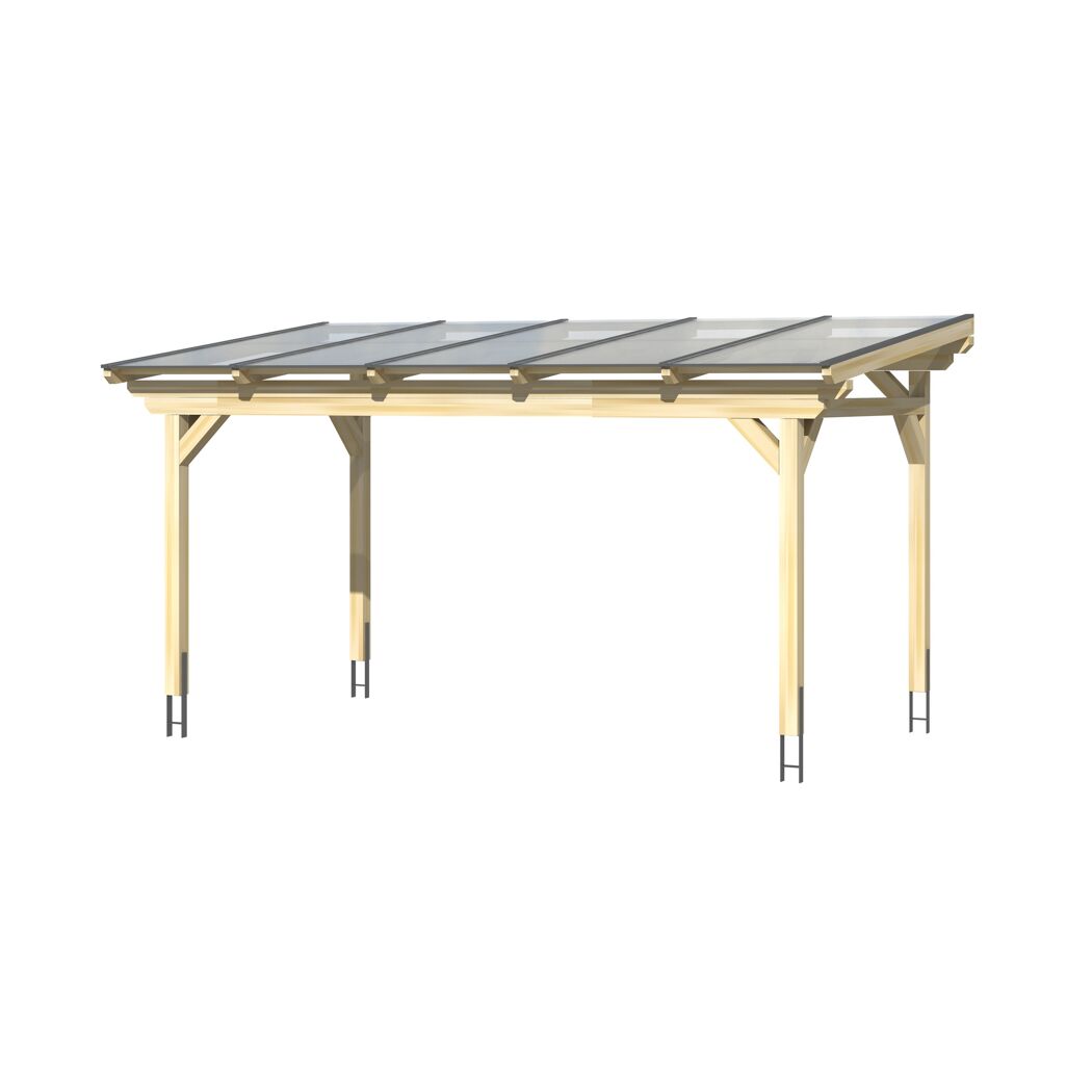 Carport aus hellem Holz mit durchsichtigem Dach