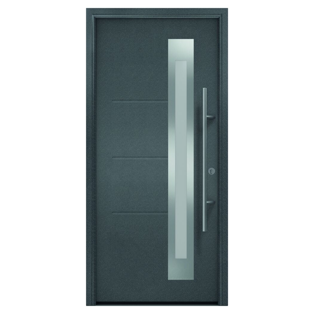 Graue Haustür mit langem senkrechtem Glaseinsatz und Griff.