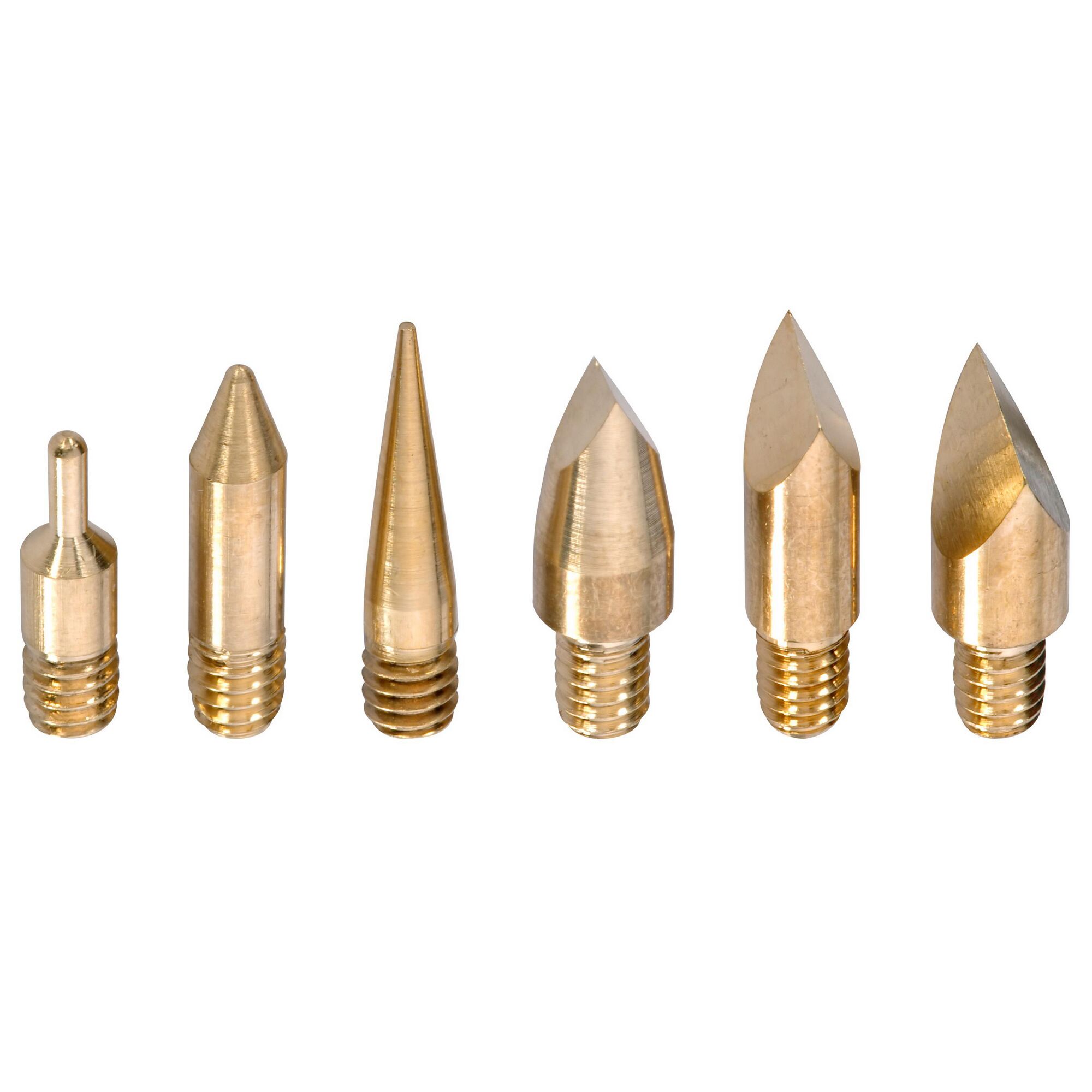 Sechs verschiedene Brandmalkolben-Schreibspitzen