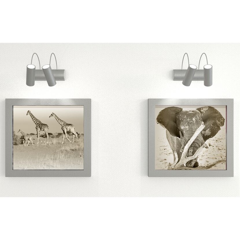 Zwei gerahmte Schwarz-Weiß-Fotos von einer Giraffengruppe und einem Elefanten, die von Wandleuchten angestrahlt werden.