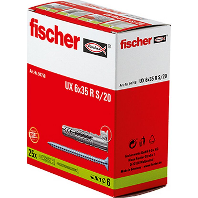 fischer Universaldübel UX 6 x 35 R S/20 mit Rand und Schraube 25 Stück