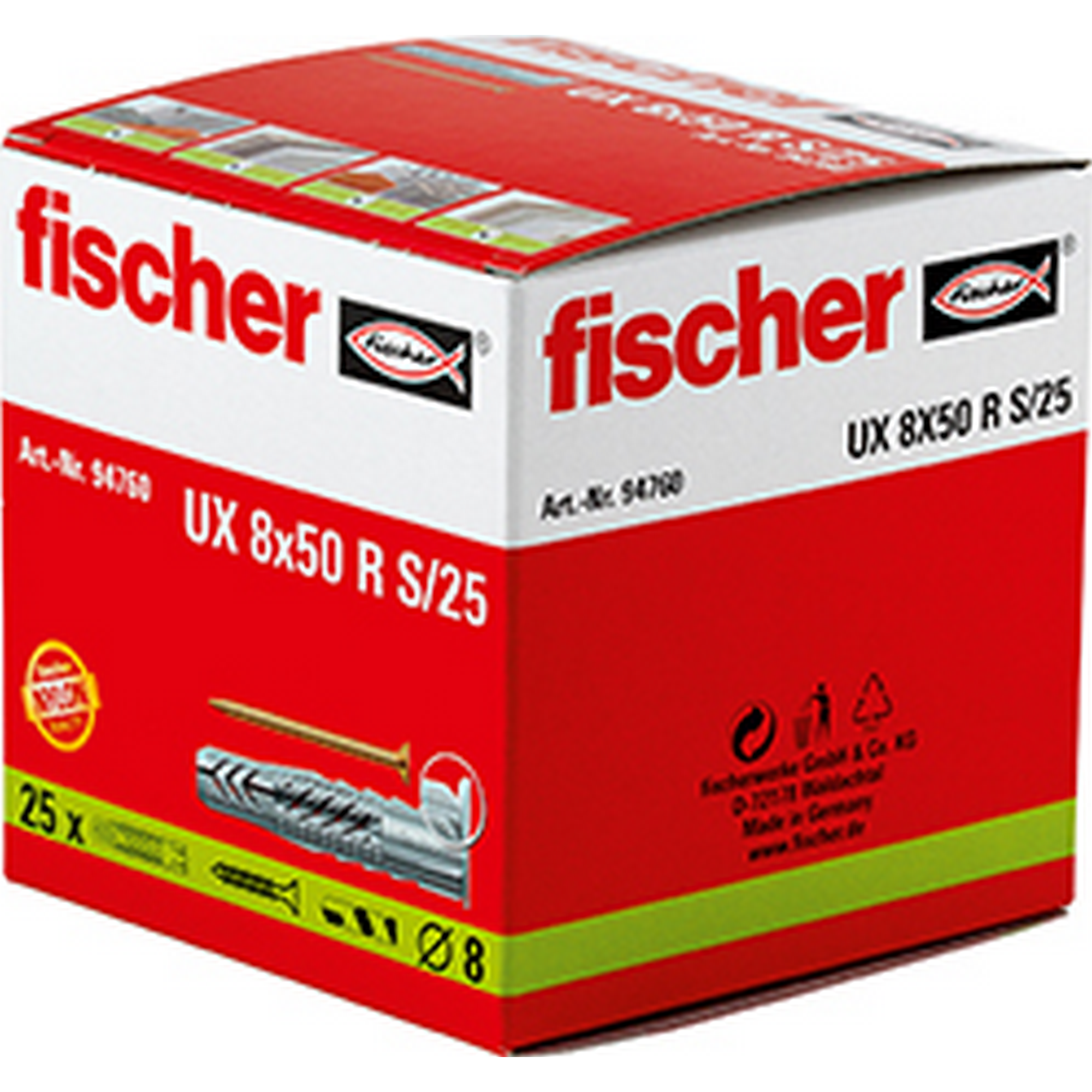 fischer Universaldübel UX 8 x 50 R S/25 mit Rand und Schraube 25 Stück + product picture