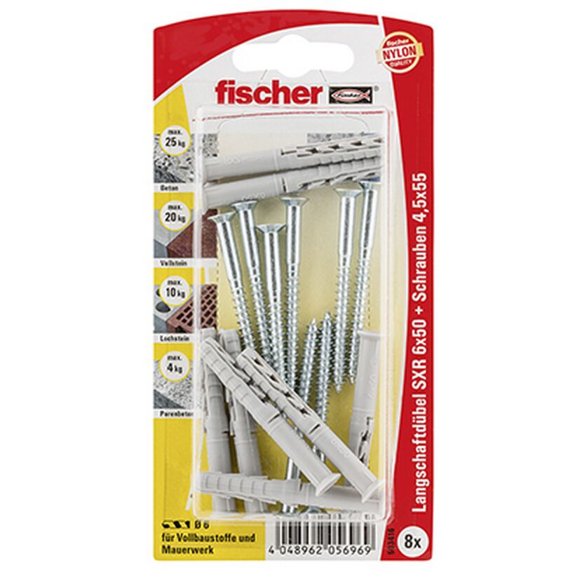 fischer Langschaftdübel SXR 6 x 50 Z Senkkopfschraube (PZ) 8 Stück