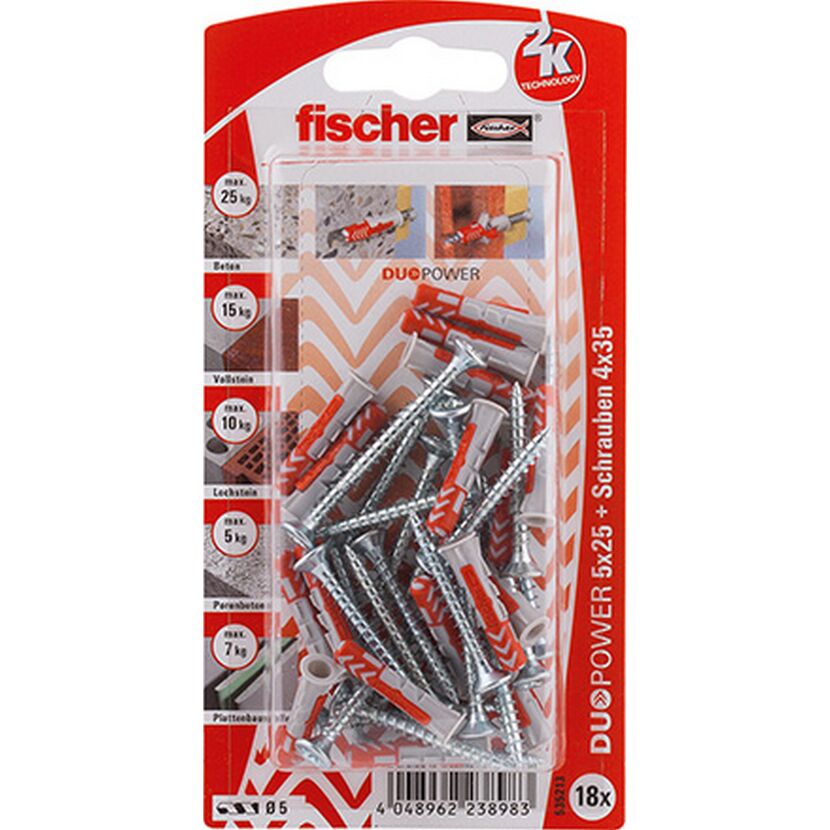 fischer DUOPOWER 5 x 25 S mit Schraube 18 Stück