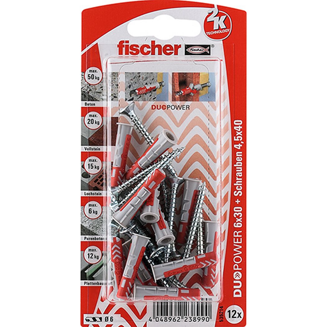 fischer DUOPOWER 6 x 30 S mit Schraube 12 Stück