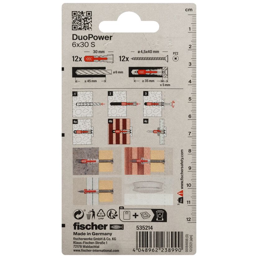 fischer DUOPOWER 6 x 30 S mit Schraube 12 Stück