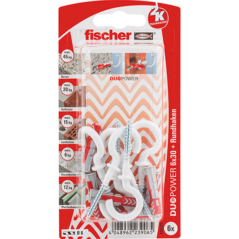 fischer DUOPOWER 6 x 30 RH mit Rundhaken, nylonbeschichtet 6 Stück