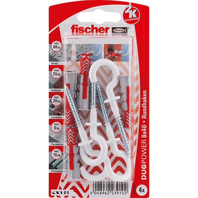 fischer DUOPOWER 8 x 40 RH mit Rundhaken, nylonbeschichtet 4 Stück
