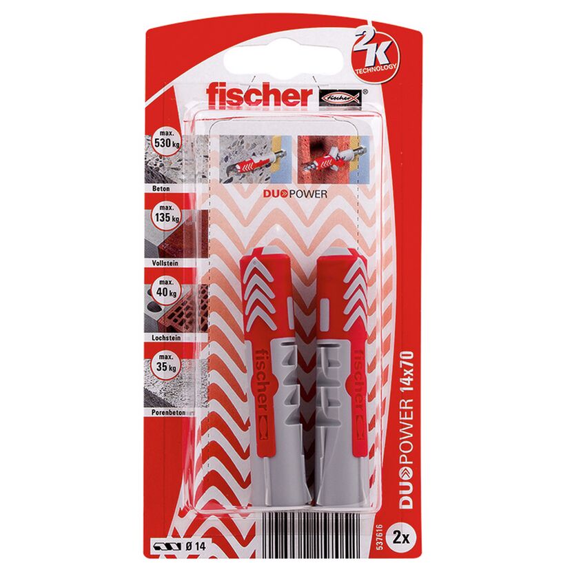 Zwei Fischer DUOPOWER 14x70 Dübel in Verpackung