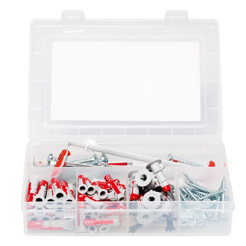 Dübel und Schrauben in durchsichtiger Sortierbox