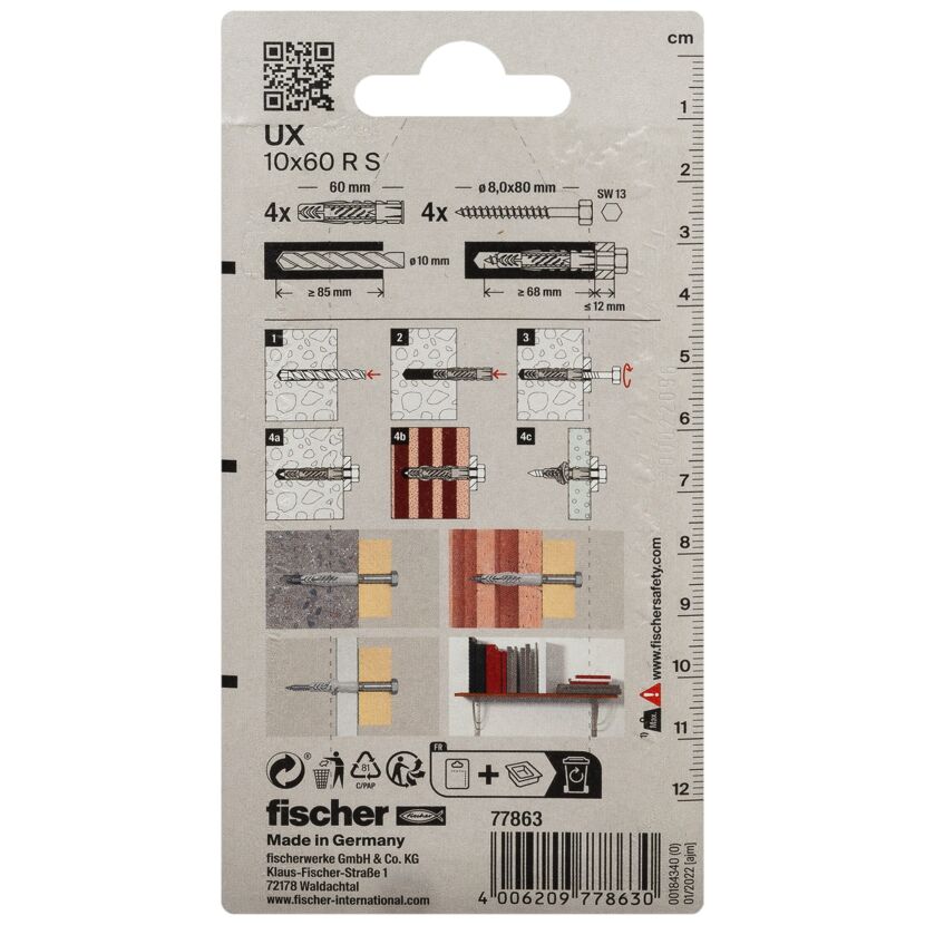 fischer Universaldübel UX 10 x 60 R S mit Rand und Schraube 4 Stück