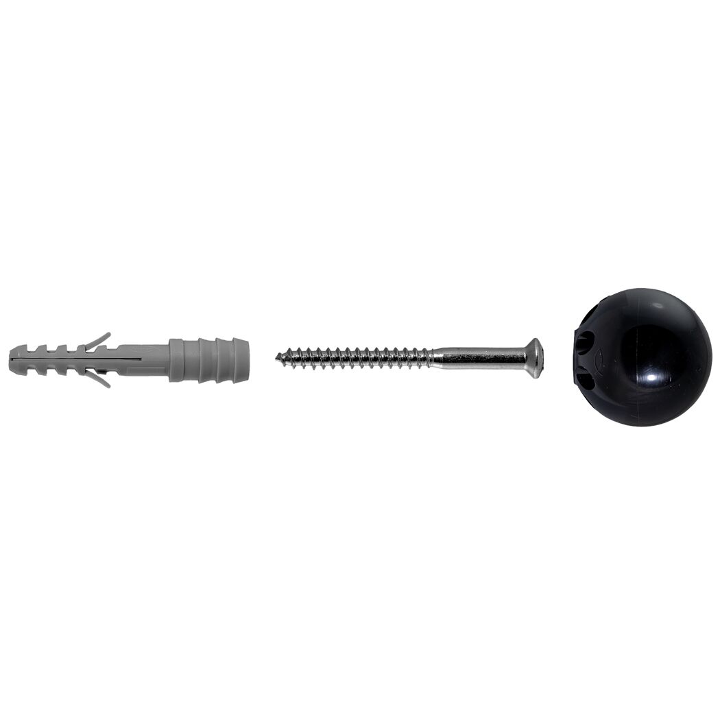 Dübel, Schraube und schwarze Abdeckung