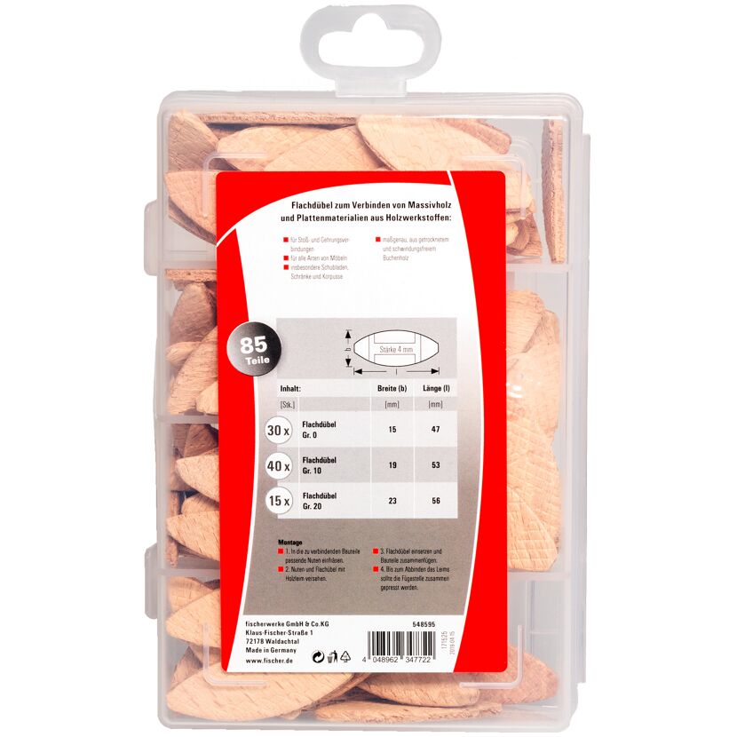 85-teiliges Set Fischer Flachdübel in durchsichtiger Plastikbox
