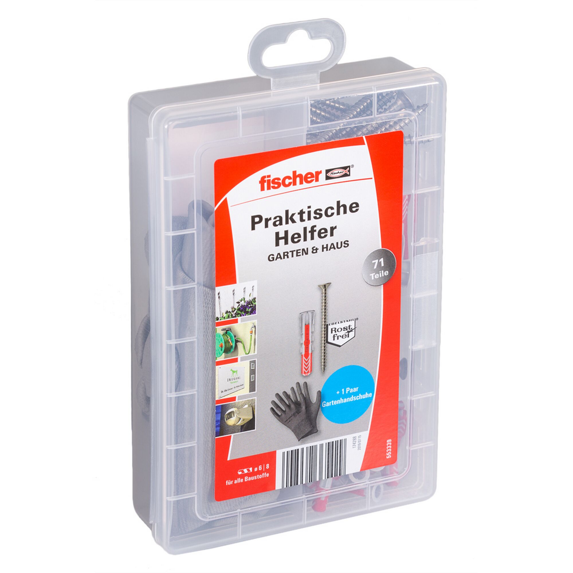 Fischer Praktische Helfer Garten & Haus Set im durchsichtigen Kunststoffkoffer