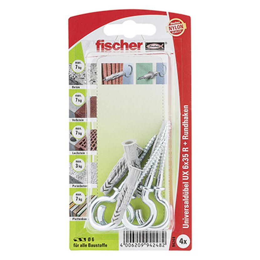 fischer Universaldübel UX 6 x 35 RH mit Rundhaken 4 Stück