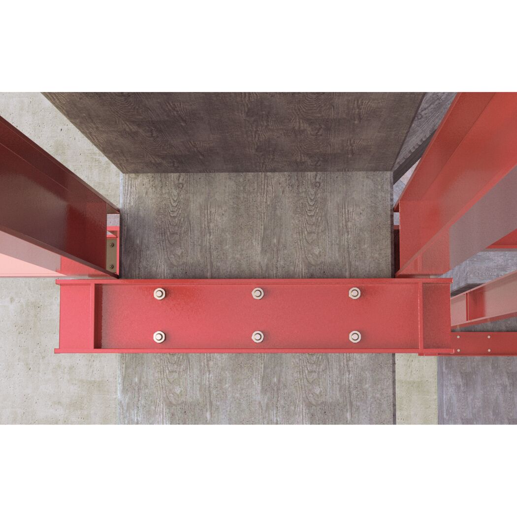 Draufsicht auf rot lackierte Stahlträger mit Schrauben.
