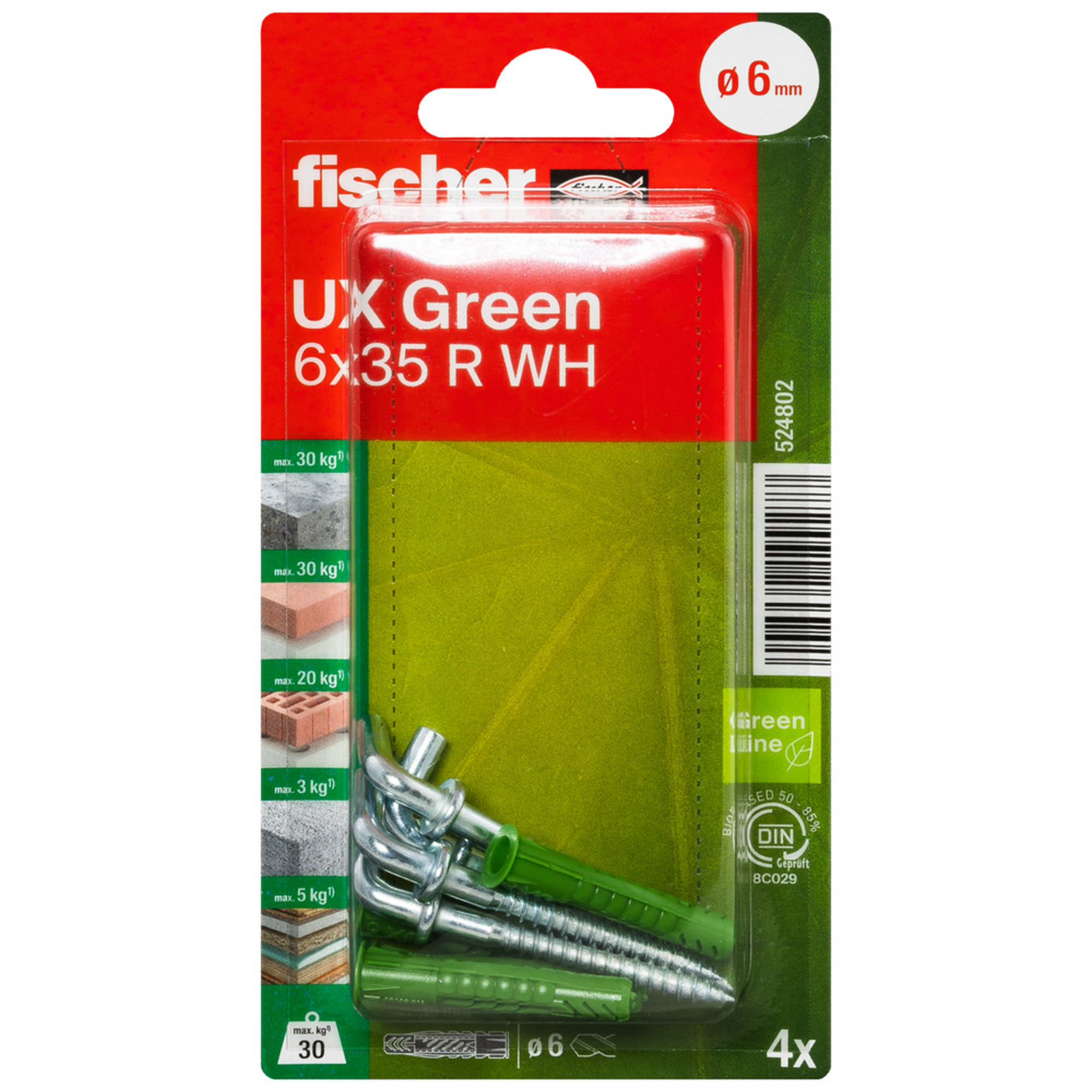 Universaldübel 'UX Green' mit Rand, Winkelhaken Ø 6 x 35 mm, 4 Stück + product picture