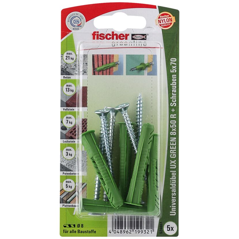 Grüne Fischer UX green Dübel und Schrauben