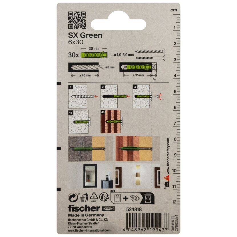 Fischer SX Green Dübel 6x30 mit Anleitung und Maßen