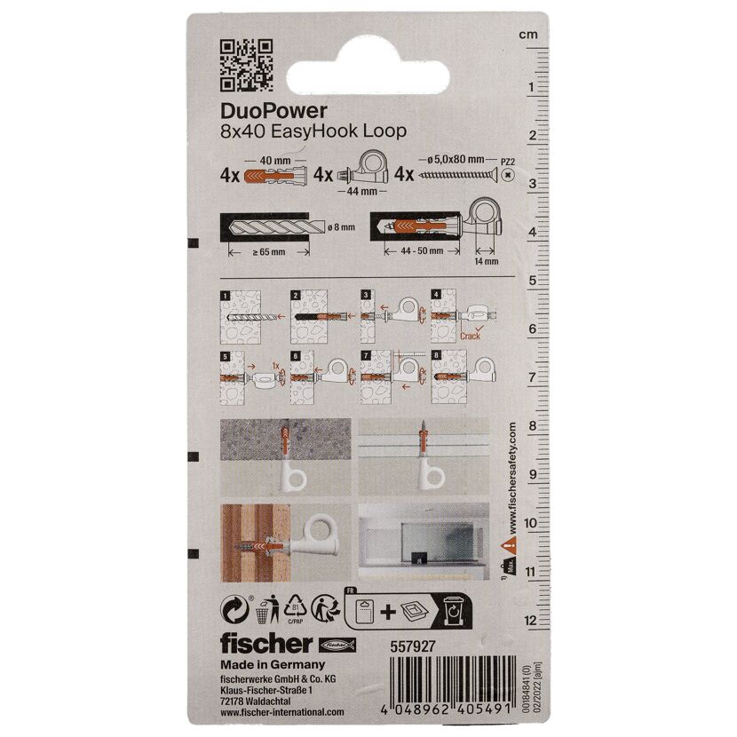 Fischer DuoPower 8x40 EasyHook Loop Verpackung Rückseite mit Anleitung