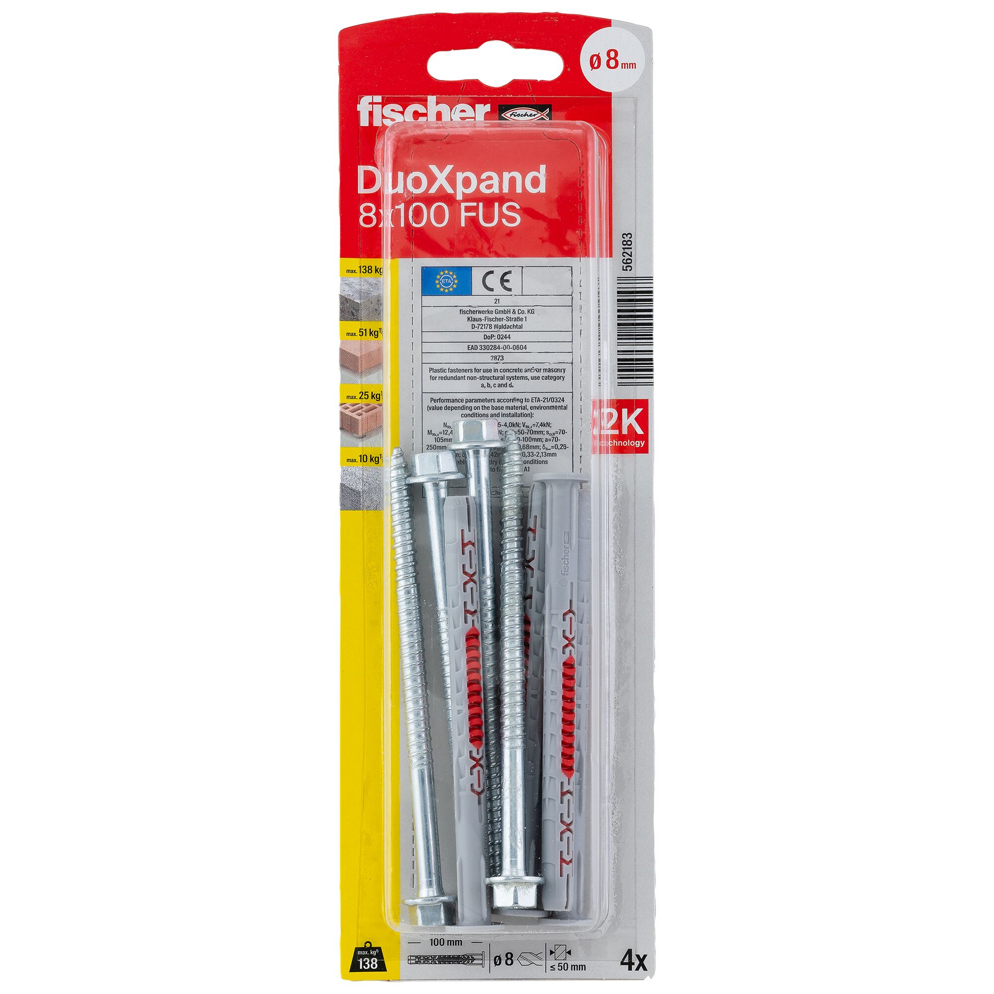 Vier Fischer DuoXpand 8x100 FUS Dübel