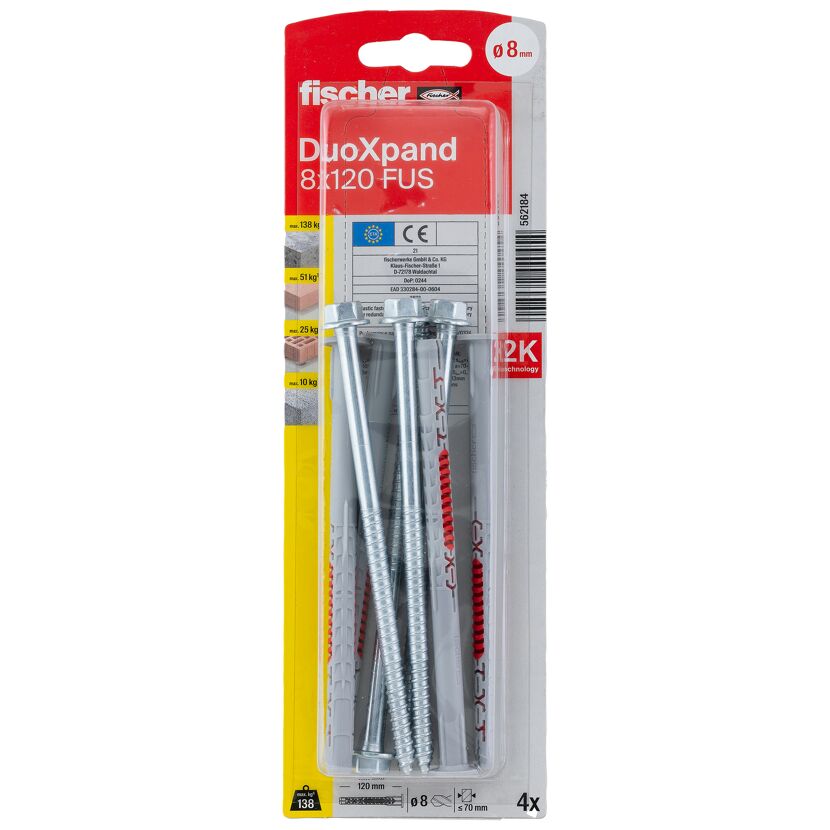Vier Fischer DuoXpand 8x120 FUS Dübel