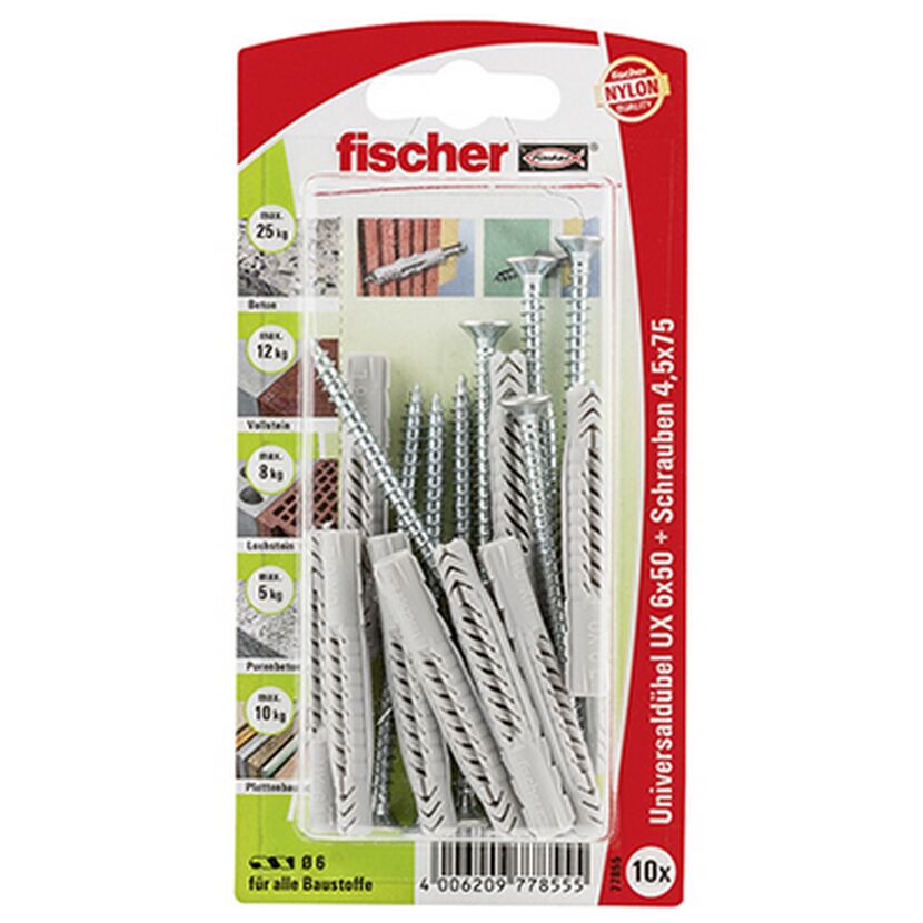fischer Universaldübel UX 6 x 50 S mit Schraube 10 Stück