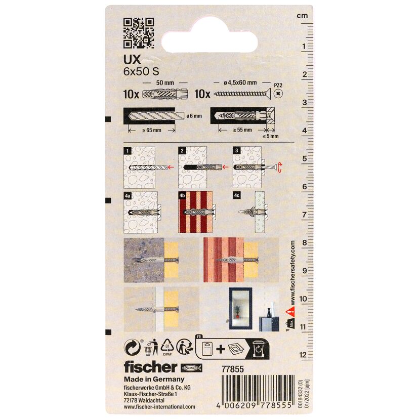fischer Universaldübel UX 6 x 50 S mit Schraube 10 Stück